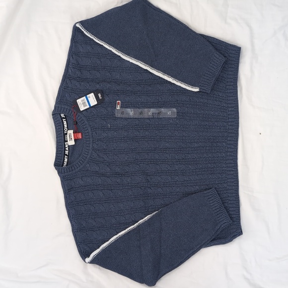 NWT TOMMY Jeans Blue Logo Sweater Sz XL Cable knit - Picture 1 of 10